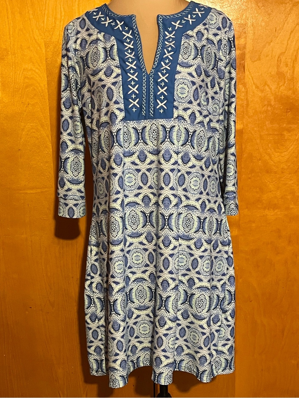 Cabana Life M Road Map Embroidered Blue and White Printed Tunic Dress/Coverup